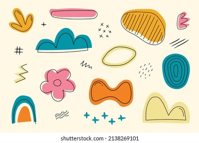 Set of various hand drawn abstract shapes and doodle objects. Big collection of summer, fashion elements in cartoon boyish style, people, floral art and textures. All elements are isolated