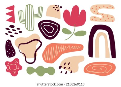 Set of various hand drawn abstract shapes and doodle objects. Big collection of summer, fashion elements in cartoon boyish style, people, floral art and textures. All elements are isolated