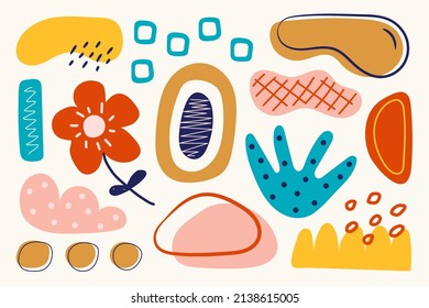 Set of various hand drawn abstract shapes and doodle objects. Big collection of summer, fashion elements in cartoon boyish style, people, floral art and textures. All elements are isolated