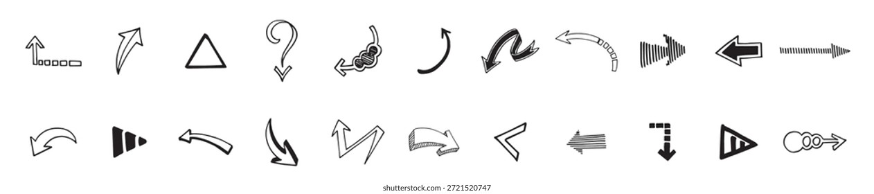 Un conjunto de varias flechas dibujadas a mano. Varias líneas curvas y rizos de flecha. Dibujo con un marcador, diferentes flechas en pluma. Conjunto de iconos vectoriales. Signos de dirección en blanco y negro., Ilustración vectorial.
