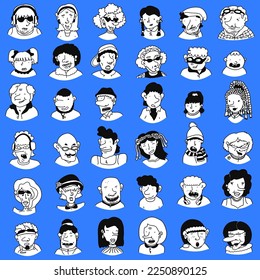 Set of various hand drawn black and white stickers with doodle portraits of people - children, teens, adults, seniors. Linear cartoon characters with different emotions. Comic avatars, diverse faces