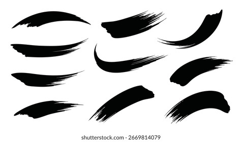 Set of various hand drawn black ink brush strokes with different shapes and textures perfect for artistic design elements or grunge backgrounds
