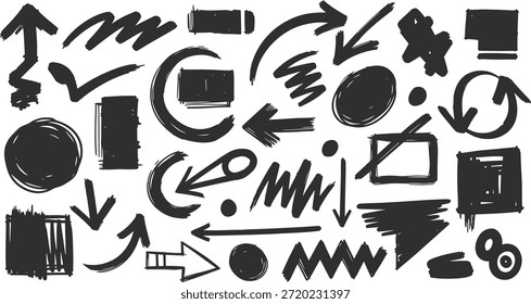 A set of various hand drawn black shapes and arrows on a white background