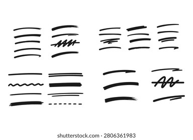 A set of various hand drawn black ink marker strokes underlines and scribbles for highlighting text and graphic design elements