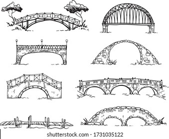 set of various hand drawn bridges, vector sketch 