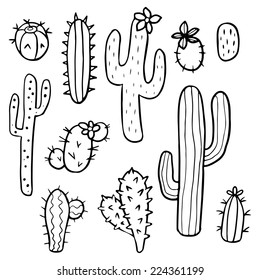 Set of various hand drawn cactus plants