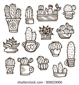 Set of various hand drawn cactus plants on white background. Hand drawn vector illustration. Elements for your design. Potted cactus and succulent.