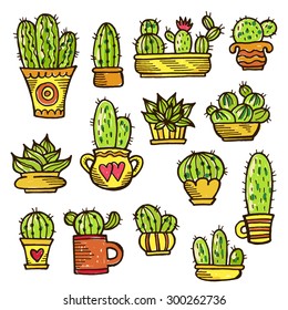 Set of various hand drawn cactus plants on white background. Hand drawn vector illustration. Elements for your design. Potted cactus and succulent.