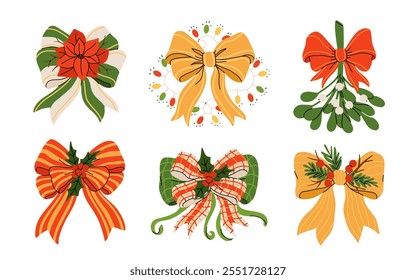 Set of various hand drawn christmas bows gift ribbons with winter botany leaves, branches, red berries. Vector flat cartoon illustration, Christmas holidays