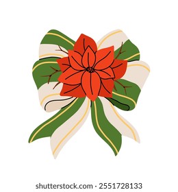 Set of various hand drawn christmas bows gift ribbons with winter botany leaves, branches, red berries. Vector flat cartoon illustration, Christmas holidays