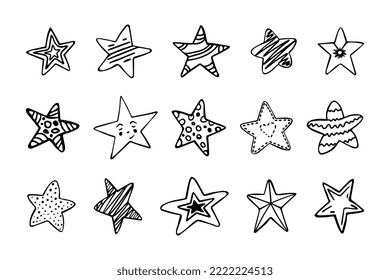 
Set of various hand drawn doodle stars. Star shapes for design. Isolated on white background
