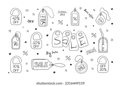 Set of various hand drawn doodle price tags, percent discount, special offer, shopping discount label, promotional sale badge, composition of four price tags with letters, lettering SALE. 