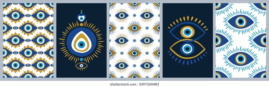 Set of various hand drawn doodle eyes posters, vector flat illustration. Collection of evil, ra, turkish, greek and esoteric eyes, different shapes