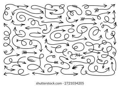 Conjunto de varias flechas de doodle dibujadas a mano aisladas sobre fondo blanco