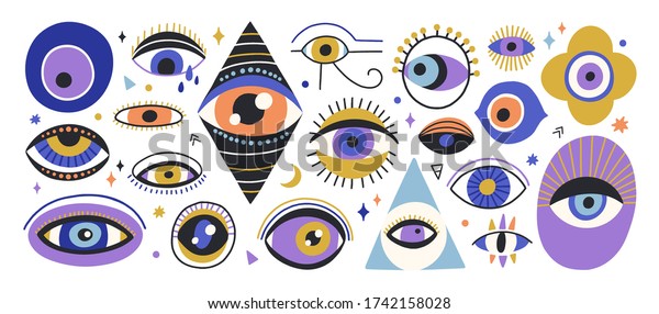 Set of various hand drawn doodle eyes vector\
flat illustration. Collection of evil, ra, turkish, greek and\
esoteric eye different shapes isolated on white background.\
Colorful clairvoyance\
elements