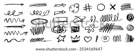 Set of various hand drawn doodles. Arrow, heart, crown and other elements drawn with grunge texture by pencil or marker.