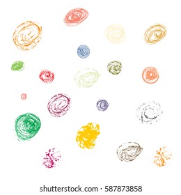 Set of various hand drawn ellipses. Hand drawn dots. Charcoal and ink dots. Pen brush dots.