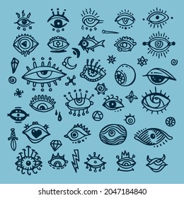 Conjunto de varios ojos dibujados a mano, estilo doodle a mano alzada.
