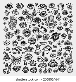 Set von verschiedenen handgezeichneten Augen, Freehe und Doodle Stil.