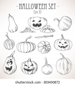 Set of various hand drawn halloween pumpkins