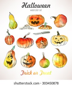 Set of various hand drawn halloween pumpkins