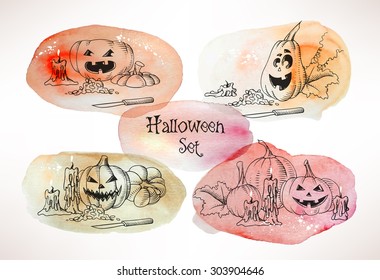 Set of various hand drawn halloween pumpkins