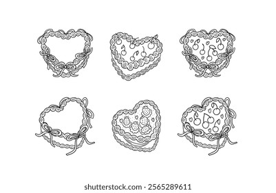 Set of various hand drawn heart shaped cakes. Vector flat outline doodle illustration of cake dessert with bows, cherries and strawberries. Clipart for birthday, wedding, valentines day holidays