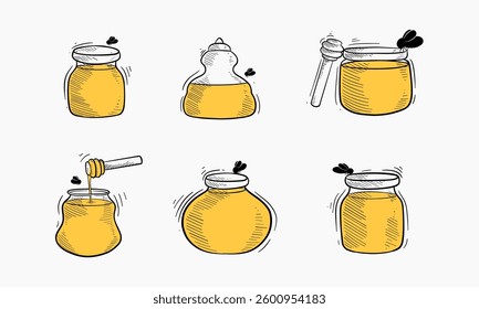 set of various hand drawn honey jars, and containers with flies, featuring honey in different presentations.