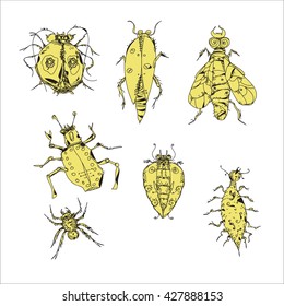 Set of various hand drawn insects, isolated on white