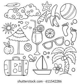 Set of various hand drawn items, objects, summer vacation theme, isolated on white, vector illustration