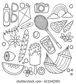 Set of various hand drawn items, objects, summer vacation theme, isolated on white, vector illustration