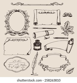 Set of various hand drawn papers and frames. Vector elements.