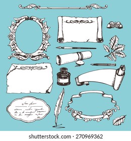 Set of various hand drawn papers and frames. Vector elements.