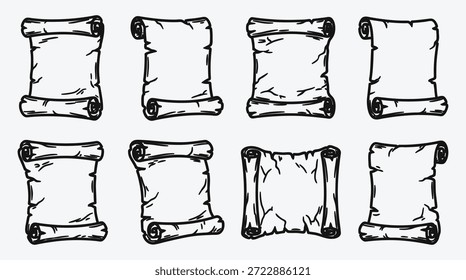 Conjunto de varios pergaminos dibujados a mano con espacio en blanco para texto sobre fondo gris claro para Elementos de diseño