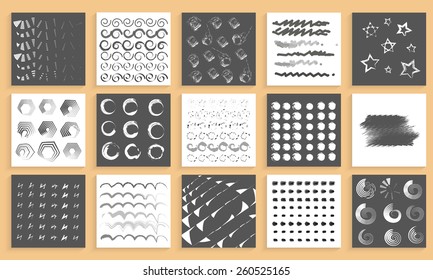 Set of various hand drawn patterns, lines or textures in different shapes.