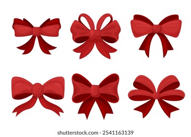 Set of various hand drawn red bows gift ribbon. Design for festivity decoration, greeting cards, social media