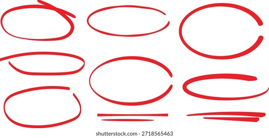 Satz von verschiedenen handgezeichneten roten Markierungskreisen und Unterstrichen, die wichtige Textmarkierungen für das Design anzeigen.