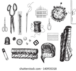 Set of various hand - drawn sewing related objects