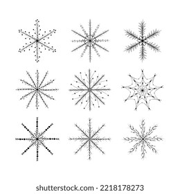 Conjunto de varios copos de nieve dibujados a mano. С ornamento cefálico en forma de copo de nieve. Negro aislado sobre fondo blanco