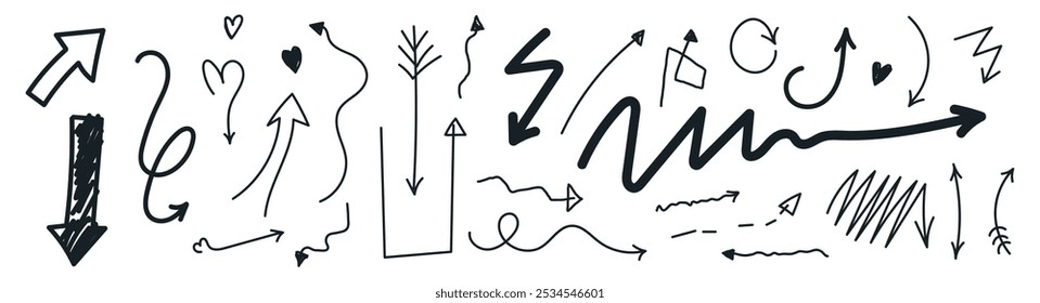 Set of various hand drawn vector design arrows doodle on transparent background. Collection of brush drawn black arrows. Template element childish naive doodle vector illustration.