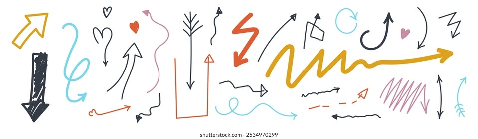 Set of various hand drawn vector design arrows doodle on transparent background. Collection of brush drawn colorful arrows. Template element childish naive doodle vector illustration.