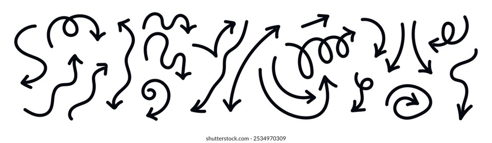 Conjunto de várias setas desenhadas à mão de design vetorial rabiscar no fundo transparente. Coleção de setas em negrito desenhadas com pincel. Elemento de modelo de ilustração de vetor de doodle ingênuo infantil.