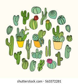 Set of various hand drawn vector cactus and succulent