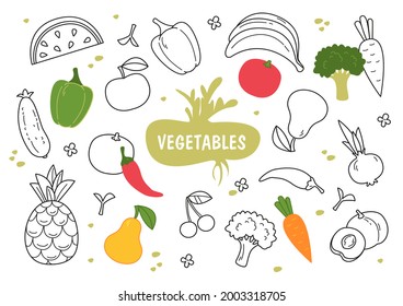 Set of various hand drawn vegetables and fruits evenly spaced on a banner. The inscription is vegetables in the middle. Line art and color sketches of different dishes. Isolated on white.