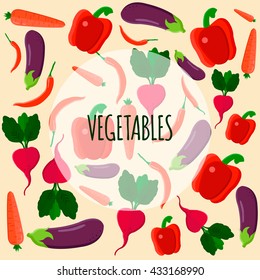 Set of various hand drawn vegetables - paprika, chilli, eggplant, beetroot, carrot. Vector illustration in flat style. Modern organic vegetables icons set. Easy to edit fabric print, eps10.