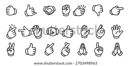 Set of various hand gesture icons in black outline, graphic illustration. concept of communication, expressive signs, symbols, language, design elements, isolated on white background.