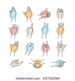 Set of various hand gestures silhouettes isolated on white background. Hand drawn hands icons vector illustration.
