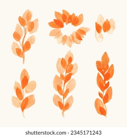 Set of various hand painted orange stems with leaves. Herbal watercolor elements for design. Tree art desing. Isolated on white background. 