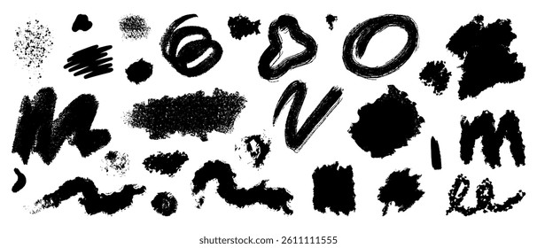 A set of various hand-drawn abstract brush strokes and streaks, spots, splashes made in black ink on a white background. Textured graphic elements.