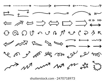 A set of various hand-drawn arrow icon materials (black and white)